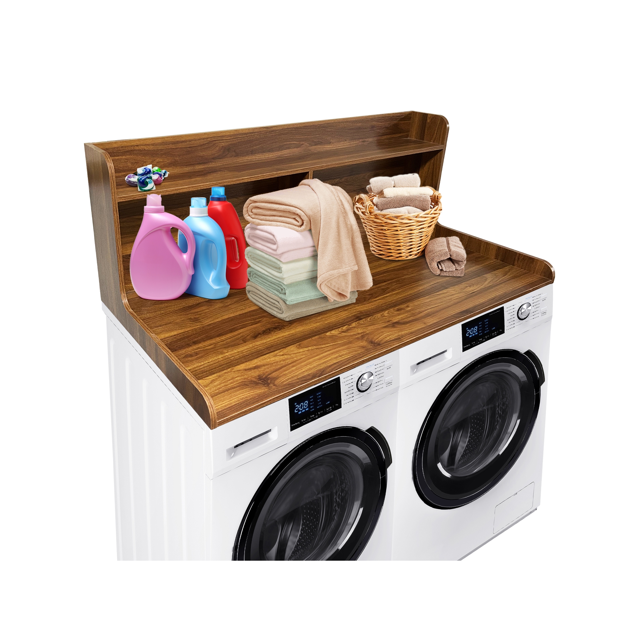 2-Tier Washer Dryer Countertop, Wood Laundry Countertop with Edge Rails, Waterproof Washer Dryer Cover with Anti-Slip Pads for Laundry Room Storage