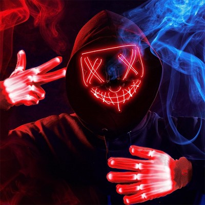 Joyfy Halloween Led Light Up Mask & Gloves for Halloween Cosplay Costume, 3 Modes Glow in The Dark Mask for Adult, Dress Up Party Accessories, Red