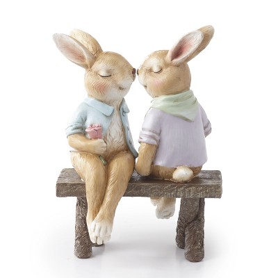 Lakeside Bunny Couple on a Bench Garden Statue - Spring Season Landscaping Accent