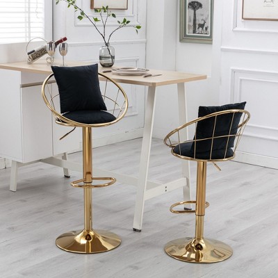 Velvet Bar Chair Set Of 2, Upholstered Dining Chair With Pillow, Metal Legs And Frame, Network Structure