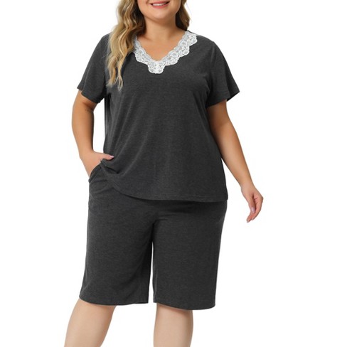 Pajamas Set for Women Plus Size Short Sleeve V Neck Elastic Waist