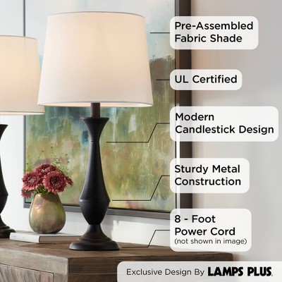 24" Black Metal Table Lamps Set with White Linen Shades