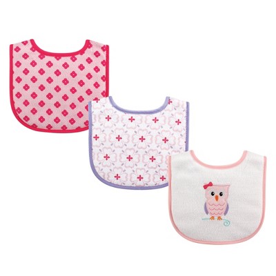 Luvable Friends Baby Girl Cotton Drooler Bibs with Fiber Filling 3pk, Owl, One Size