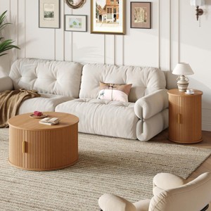 2-Piece Mid-Century Natural Round Coffee Table Set with Storage, Fluted Wood Side Tables for Living Room -3irtyhousy - 1 of 4