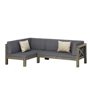 GDFStudio Caspian Outdoor Acacia Wood Left Facing 4 Seater 88.5" Sectional Sofa with Cushions - 1 of 4