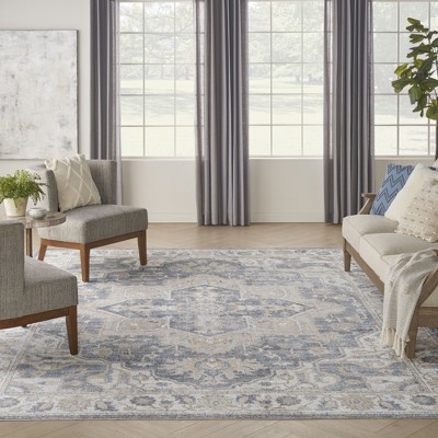 Grey Blue Floral Synthetic 9' x 12' Washable Area Rug