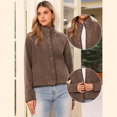 INSPIRE CHIC Women's Button Down Lightweight Long Sleeve Fall Crop Fleece Jacket with Pockets Coffee Small — фото 2