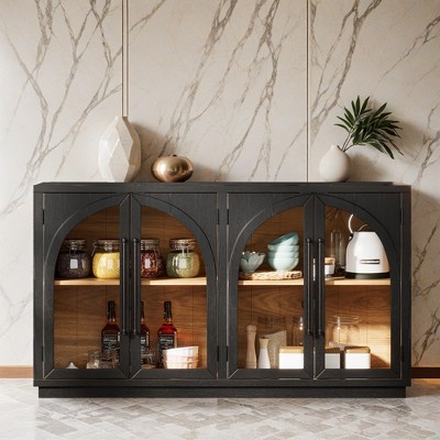 4-Door Large Storage Sideboard Buffet Cabinet with Glass Doors, Arched Cabinet with Adjustable Shelves- Leovsnove