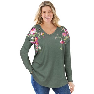Woman Within Plus Size Washed Thermal V-Neck Tee - 1 of 4