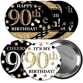 Big Dot of Happiness Adult 90th Birthday - Gold - 3 inch Birthday Party Badge - Pinback Buttons - Set of 8
