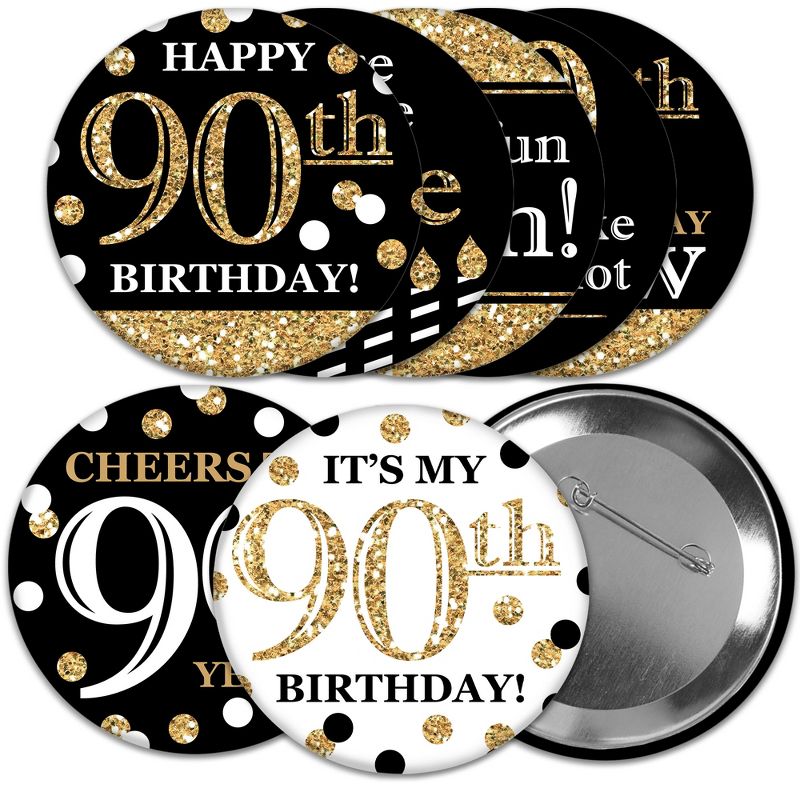 Big Dot of Happiness Adult 90th Birthday - Gold - 3 inch Birthday Party Badge - Pinback Buttons - Set of 8, 1 of 9