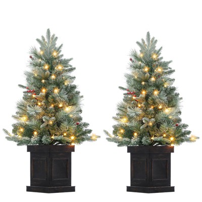 2 Pcs 3ft Prelit Artificial Christmas Tress with 78 Warm White Lights, Brown Lamp Base, Snow Flocked Xmas Tree for Christmas, Bedroom, Window Decor