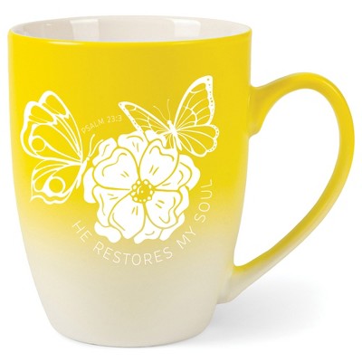 Elanze Designs He Restores My Soul Psalm 23:3 Two Toned Ombre Matte Yellow and White 12 ounce Ceramic Stoneware Coffee Cup Mug