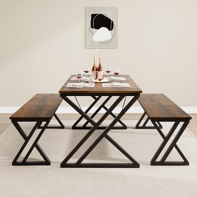 Kitchen Table with Benches, Dining Table Set for 4  Marble Tabletop Saving Space Dining Table Set