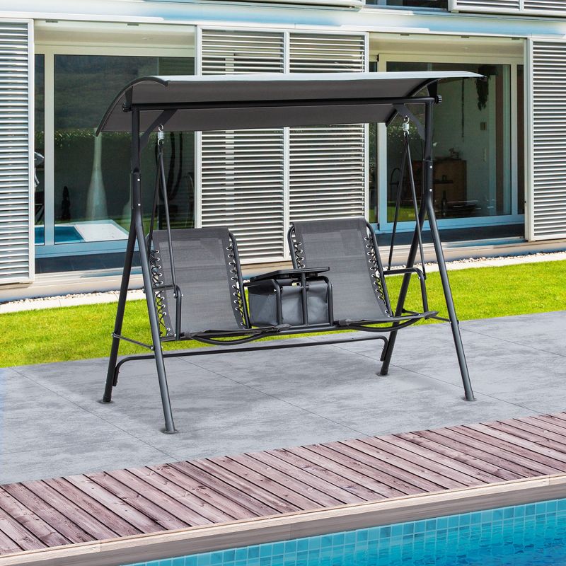 Outsunny 2 Person Covered Porch Swing with Pivot Storage Table, Cup Holder, & Adjustable Overhead Canopy, 2 of 9
