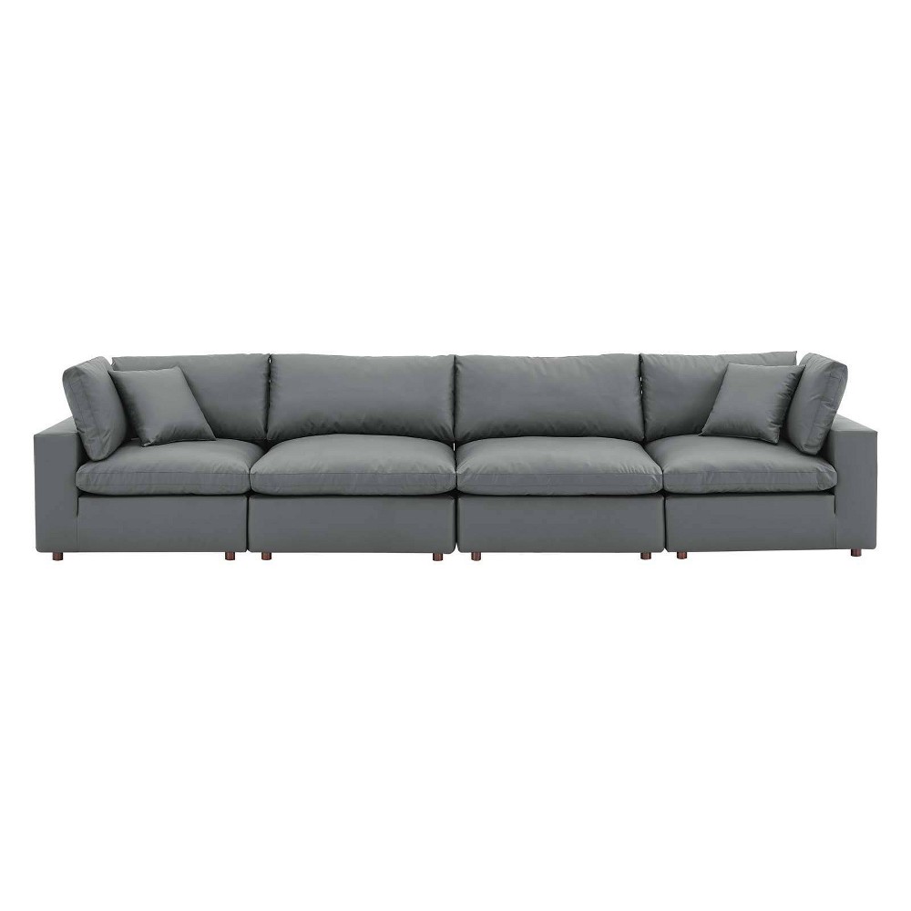 Photos - Sofa Modway Commix Down Filled Overstuffed Vegan Leather 4 Seater  Gray - : Solid Wood Frame, Foam Padded 