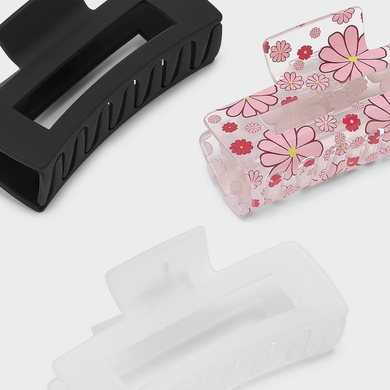 Flower and Solid Rectangle Claw Hair Clip Set 3pc - Wild Fable&#8482; Pink/Black/White, 2 of 3