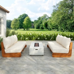 Christopher Knight Home Ryneth Mid-Century Modern Outdoor Acacia Wood 3-Seater Sofa with Thick Cushion - 1 of 4
