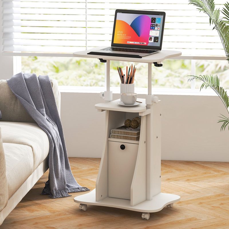Costway Mobile Podium Stand Office Laptop Cart with Storage Adjustable Height White/Black, 2 of 10