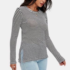 Knit & Lounge Women’s Striped Long Sleeve Knit Top Scoop Neck Side Slit Hem Fitted Everyday Pullover - 1 of 4
