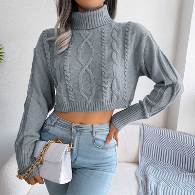 Short Knitted Sweater Pullover for Women Solid Long Sleeve Turtleneck Cropped Sweaters
