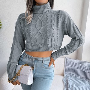 Short Knitted Sweater Pullover for Women Solid Long Sleeve Turtleneck Cropped Sweaters - 1 of 4