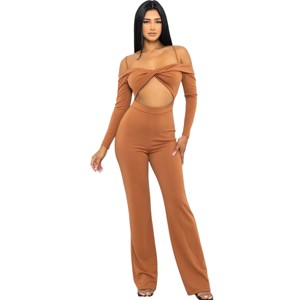Slickblue Women's Open Shoulder Jumpsuit with Cutout Detail and Bell Bottom - Cinnamon/Black, Size S-L - 1 of 4