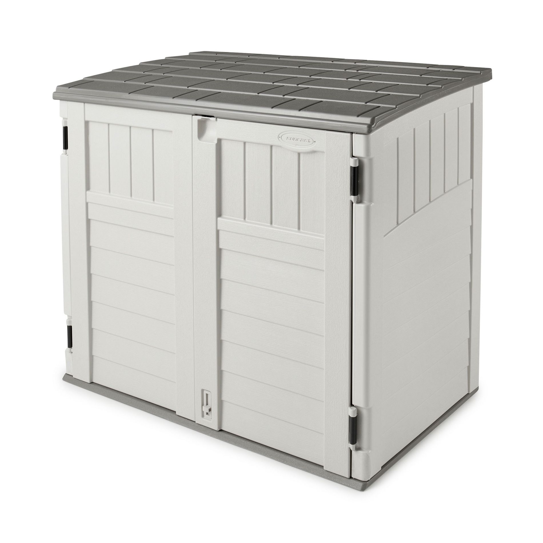 Suncast 34 Cubic Feet Capacity Horizontal Outdoor Storage Shed  for Garbage Cans, Garden Accessories, Backyard, and Patio Use, Vanilla