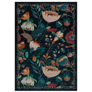 Coolmee Washable Large Rug for Bedroom Non Slip, Soft Boho Vintage Flower Birds Distressed Throw Carpet for Dinning Room Playroom, Black - 1 of 4