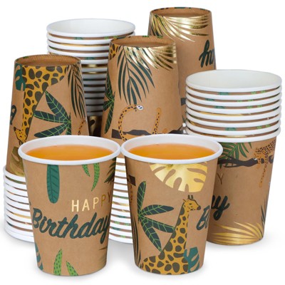 DYLIVeS Animal Birthday Paper Cups,Jungle Safari Disposable Cups Zoo Wild Woodland Summer Tropical Cups Brown and Gold Foil Drink Cups Kids Party Cups