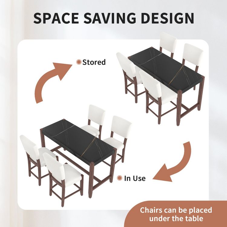 5-Piece Counter Height Dining Table Set with Faux Marble Top and 4 Upholstered Chairs, Solid Wood Frame, Space-Saving Kitchen Furniture, 5 of 8