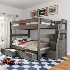 Modern Farmhouse Queen Over Queen Bunk Bed With Staircase and Storage Drawers - 1 of 4