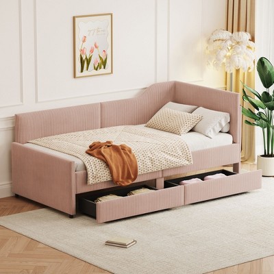 NicBex Twin Size L-Shaped Corduroy Daybed,Upholstered Bed Frame with 2 Drawers for Bedroom,Living Room,Apartment