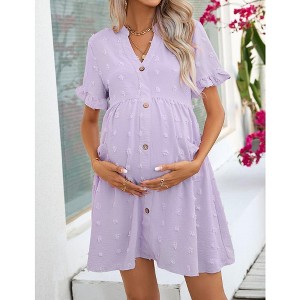 Womens Maternity Dress Swiss Dot V Neck Short Sleeve Button Down Summer Casual Baby Shower Mini Dresses - 1 of 4