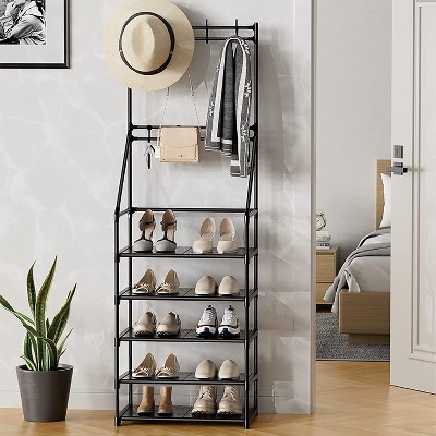 DOMETOUR 5 Tiers Shoe Rack Tall Shoe Organizer Space Saving Wide Shoe Rack for Closet Entryway Bedroom Black