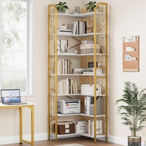 TackView Shaped Corner Bookshelf Industrial Bookcase with Beaded Design, Tall Display Rack for Living Room & Bedroom - 1 of 4