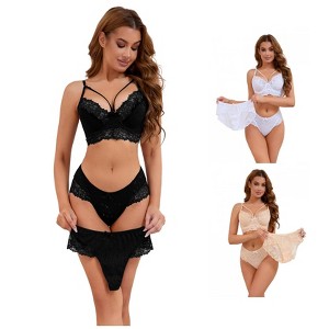 INSPIRE CHIC Women's 3 Sets Cross Straps Full Coverage Bralette and Panty Mesh Floral Lace Underwear Set - 1 of 4