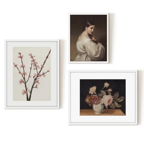 Americanflat 3 Piece Vintage Gallery Wall Art Set White Framed - Red Maple  Blossoms, Blush Flower Still, Woman In White by Maple + Oak