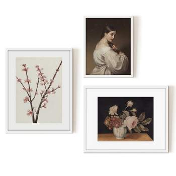 Americanflat 3 Piece Vintage Gallery Wall Art Set - Red Maple Blossoms, Blush Flower Still, Woman In White by Maple + Oak