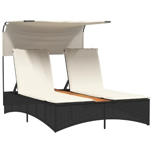 vidaXL Double Sun Lounger Canopy - Poly Rattan Outdoor Patio Recliner, Black with Cream Cushions - 1 of 4