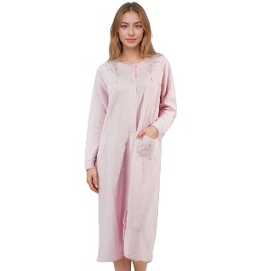YafeMarte Women’s Long Sleeve Quilted Fleece Button-Front Nightgown with Embroidered Floral Design - 1 of 4