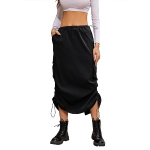 Women Cargo Skirts Casual A-Line Side Drawstring Split Back Midi Long Denim Skirt with Pockets,L,black - 1 of 4