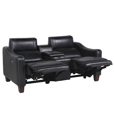 Black Faux Leather Power Reclining Loveseat with Storage and Cup Holder