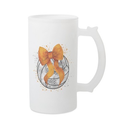 Elanze Designs Freezable Beer Stein Mug With Thumb Grip Handle, 16 Ounce Frosted Glass, Volleyball With Orange Bow