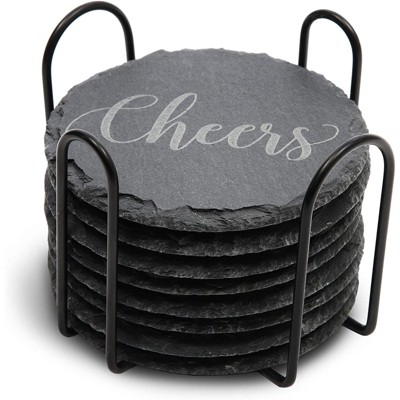 Juvale Set of 8 Round Black Slate Stone Cheers Drink Coasters with Steel Stand Holder, 3.8 inch