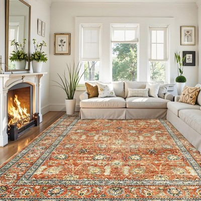 Machine Washable Boho Area Rug - Ultra-Thin Low Pile Carpet, Lightweight Indoor Rug, Non Slip Floral Rug for Living Room, Bedroom, Dining Room