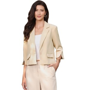 INSPIRE CHIC Women's 3/4 Sleeve Notched Collar One Button Business Casual Cropped Suit Blazer - 1 of 4