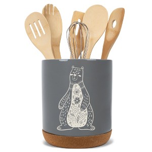 Elanze Designs Kitchen Utensil Holder With Non Slip Cork Base Large 8 Inch Ceramic Storage Crock Forest Animal Countertop Organizer Floral Bear Gray - 1 of 4