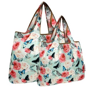 Wrapables Large & Small Foldable Nylon Reusable Shopping Grocery Bags (Set of 2), Peonies and Butterflies - 1 of 4