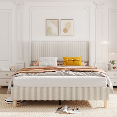 Bed Frame, Upholstered Platform Corduroy Bed Frame with Vertical Channel Tufted Headboard,  No Box Spring Needed